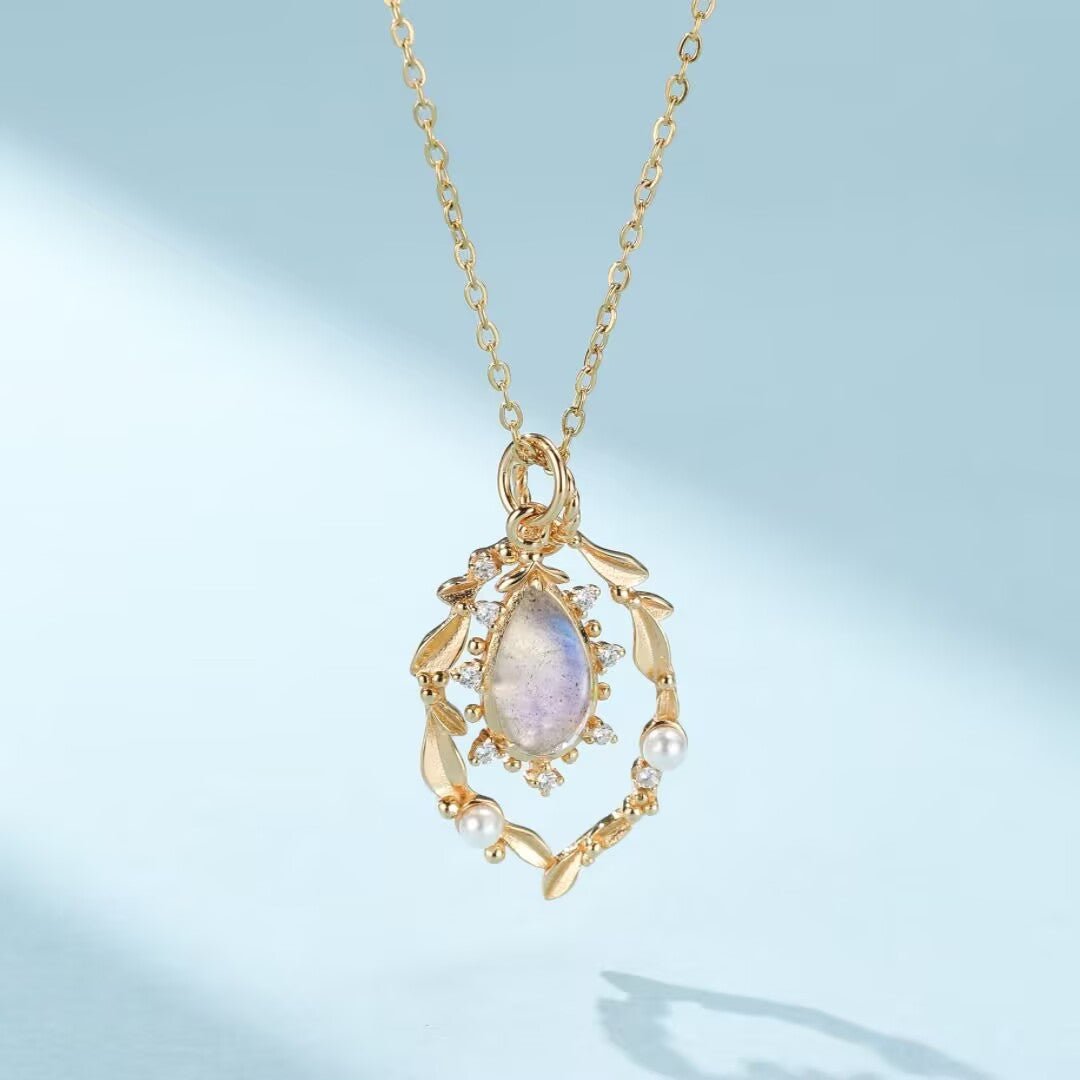 Collier Labradorite Perle Nacre Zircon Argent Plaqué Or Fait Main - Biloria