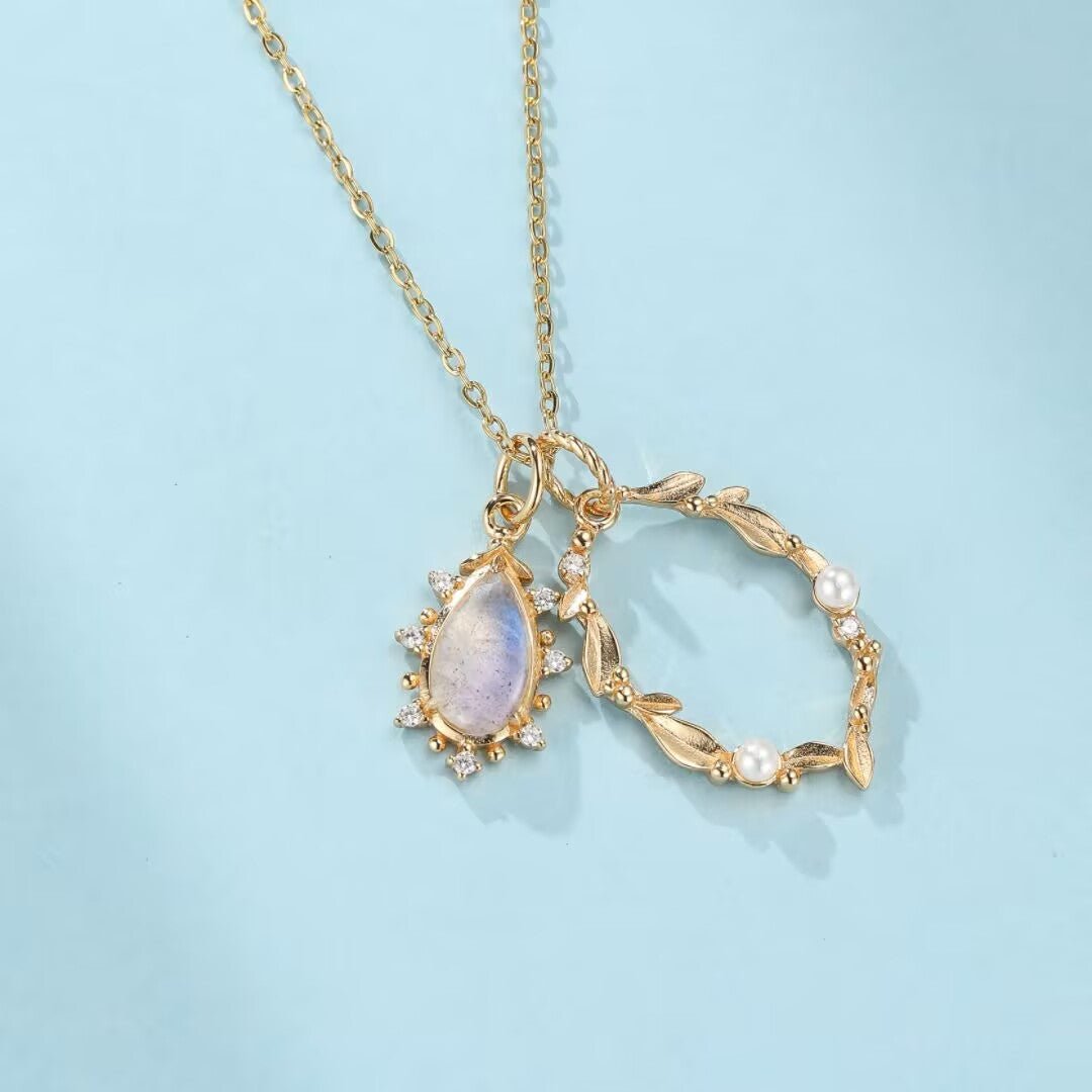 Collier Labradorite Perle Nacre Zircon Argent Plaqué Or Fait Main - Biloria