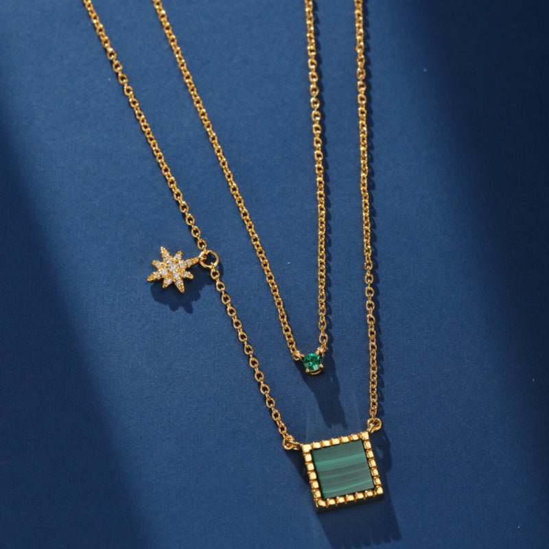 Collier Malachite Cube et Zircon – Argent Plaqué Or - Biloria