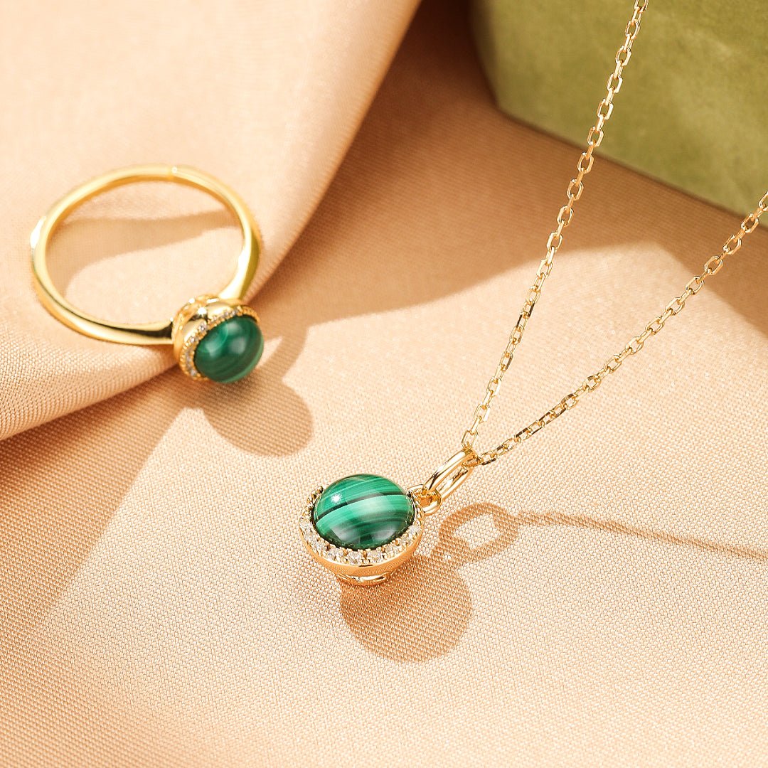 Collier Malachite et Zircons – Argent Plaqué Or 10K - Biloria