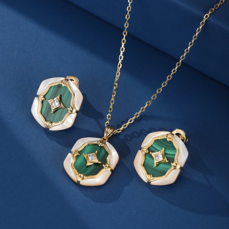 Collier Malachite Nacre Argent Plaqué Or Bijou Fait Main - Biloria