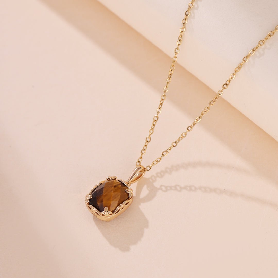 Collier Œil de Tigre Quartz Rose Charme Solaire Argent Plaqué Or - Biloria