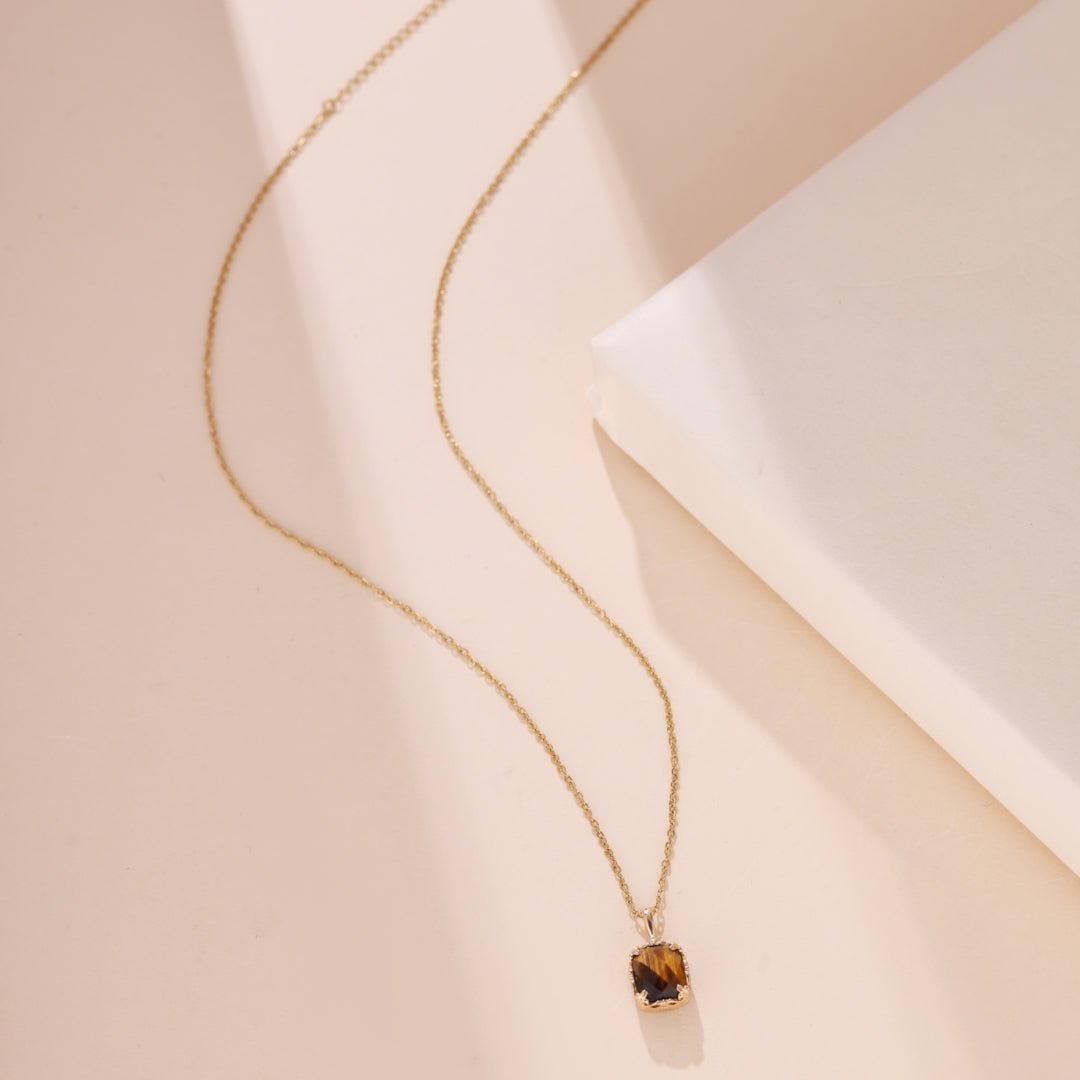 Collier Œil de Tigre Quartz Rose Charme Solaire Argent Plaqué Or - Biloria
