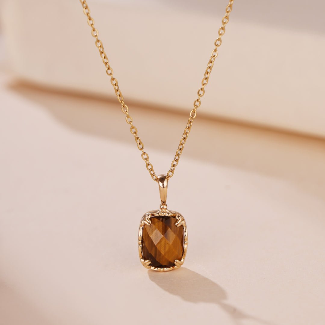 Collier Œil de Tigre Quartz Rose Charme Solaire Argent Plaqué Or - Biloria
