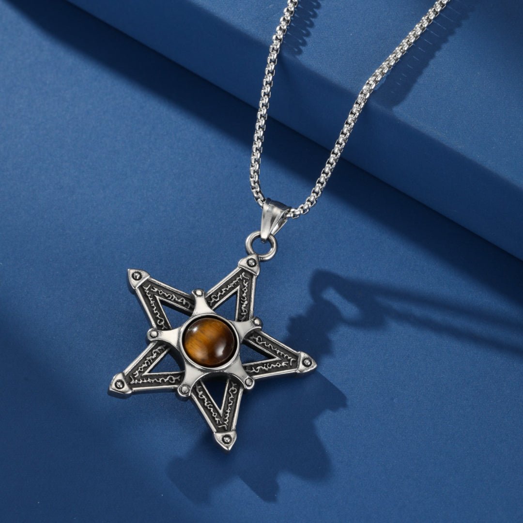 Collier Pentacle Œil de Tigre Homme – Acier Inoxydable - Biloria
