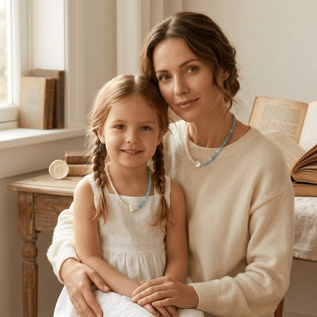 Collier Perle et Aigue-marine Duo Céleste Argent Bijou Mère Enfant - Biloria