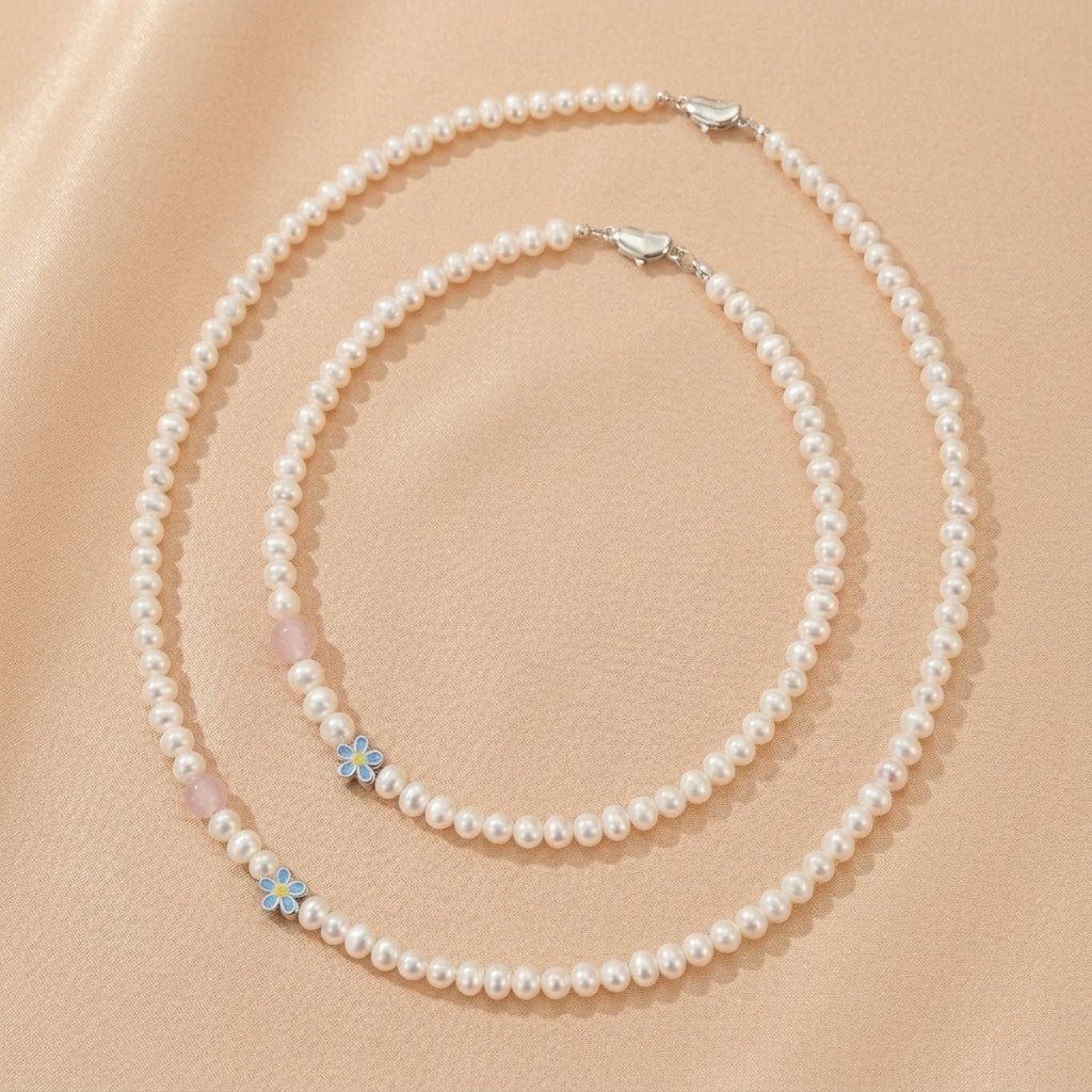 Collier Perle et Quartz Rose Argent – Duo Maman Enfant - Biloria