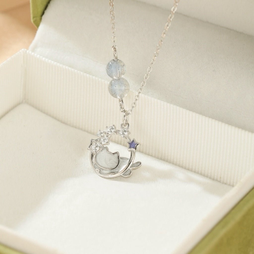 Collier Pierre de Lune Argent S925 avec Chat et Lune - Biloria