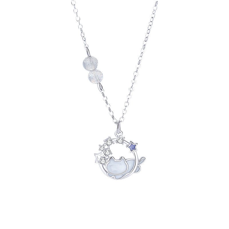 Collier Pierre de Lune Argent S925 avec Chat et Lune - Biloria