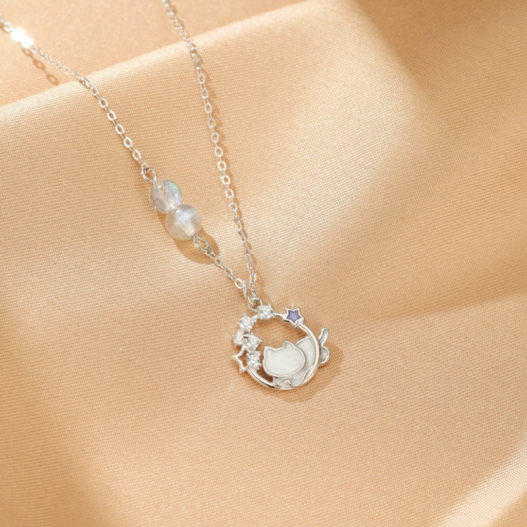 Collier Pierre de Lune Argent S925 avec Chat et Lune - Biloria