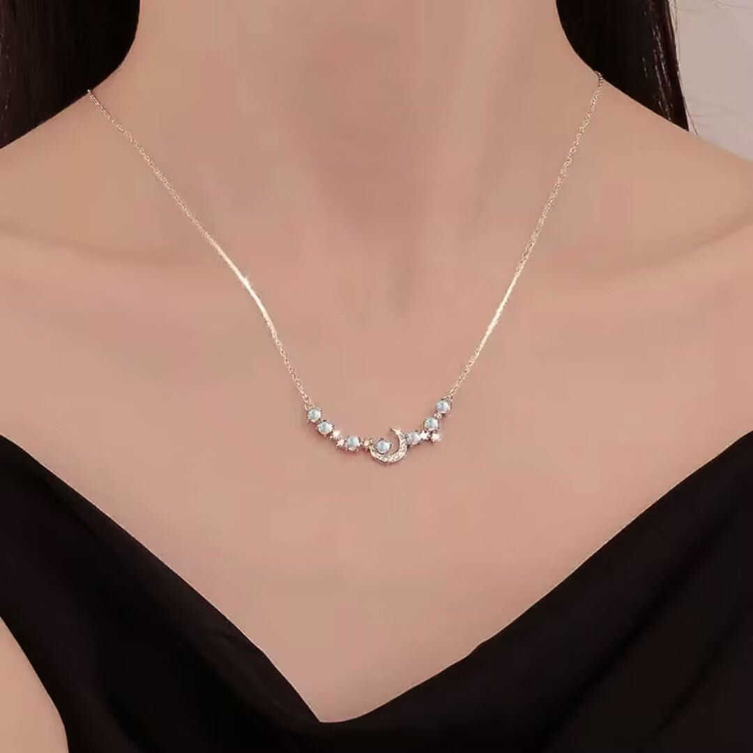 Collier Pierre de Lune Croissant Lune Zircon Argent - Biloria