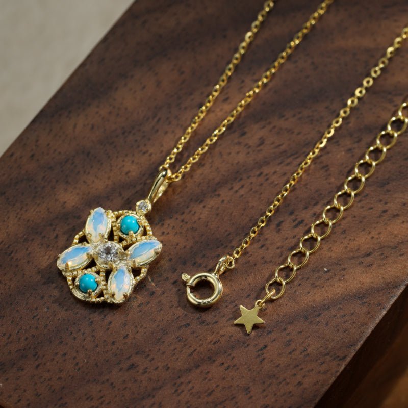 Collier Pierre de Lune et Turquoise Florale Argent Plaqué Or - Biloria