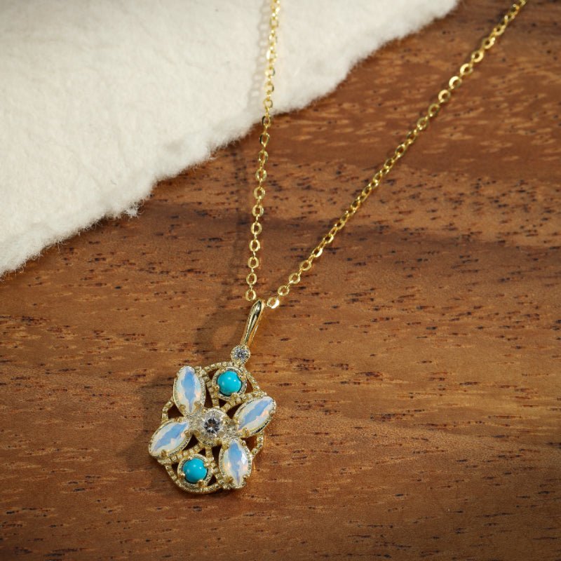 Collier Pierre de Lune et Turquoise Florale Argent Plaqué Or - Biloria