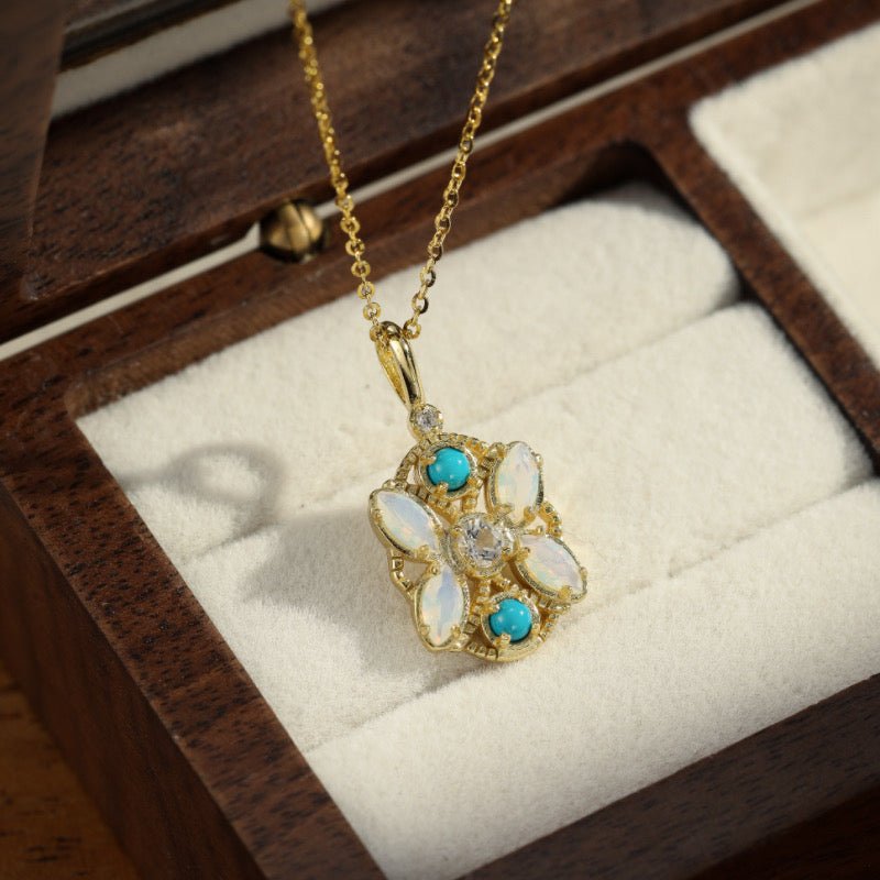 Collier Pierre de Lune et Turquoise Florale Argent Plaqué Or - Biloria