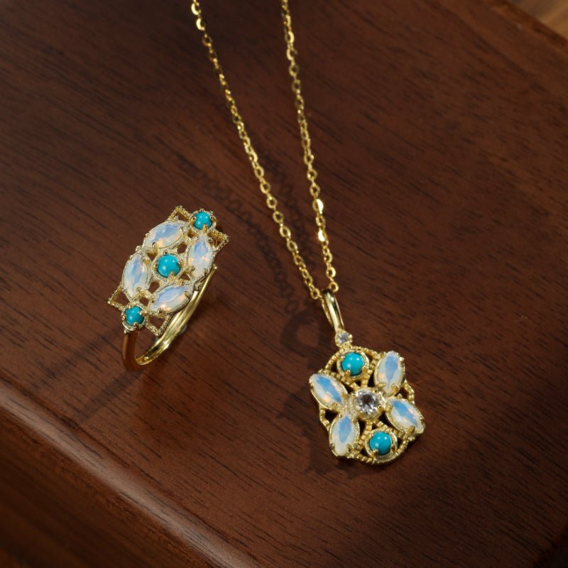 Collier Pierre de Lune et Turquoise Florale Argent Plaqué Or - Biloria