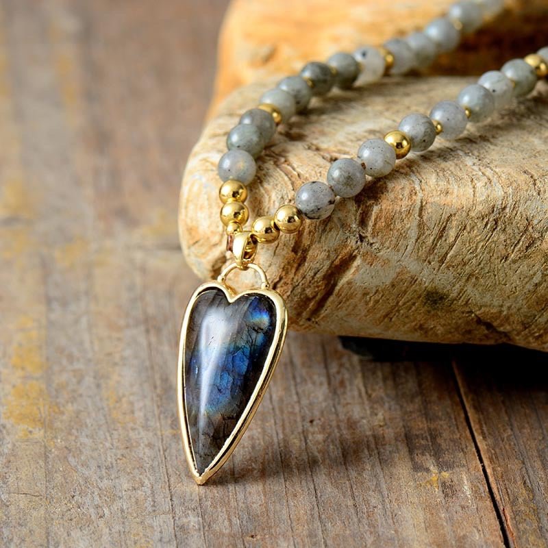 Collier Pierre Naturelle Labradorite ou Améthyste Cœur Plaqué Or - Biloria