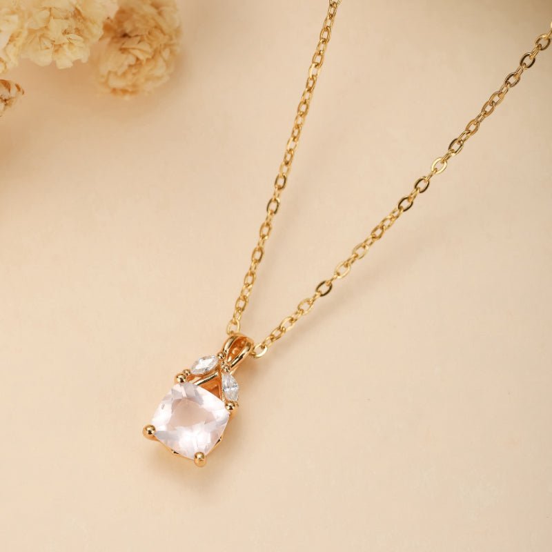Collier Quartz Rose Feuille Argent Plaqué Or Cadeau - Biloria