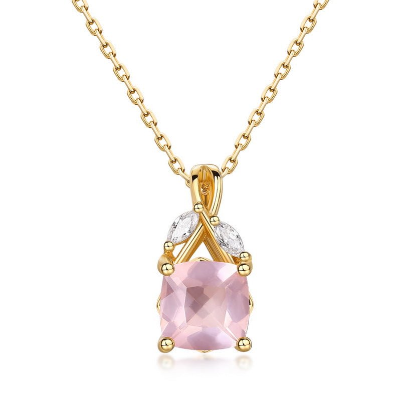 Collier Quartz Rose Feuille Argent Plaqué Or Cadeau - Biloria