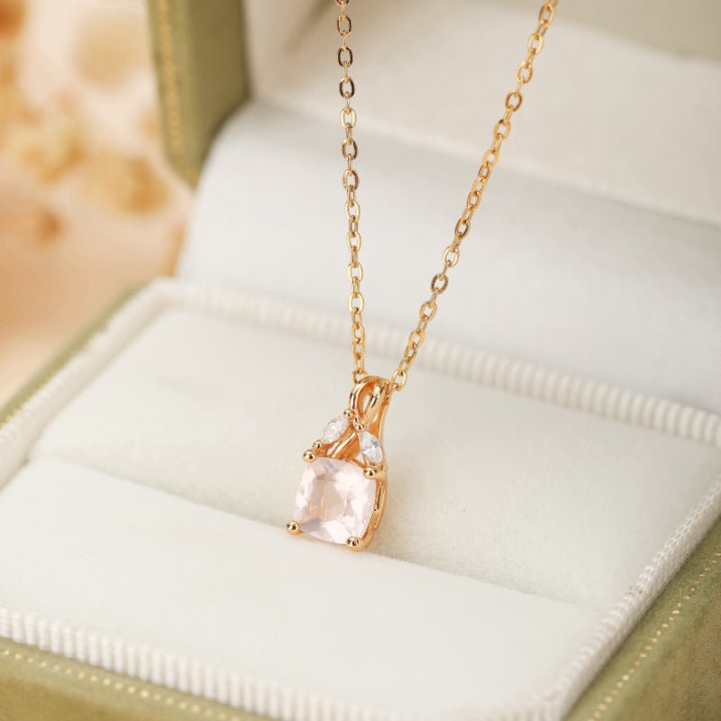 Collier Quartz Rose Feuille Argent Plaqué Or Cadeau - Biloria