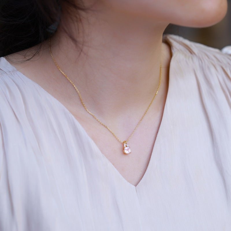Collier Quartz Rose Feuille Argent Plaqué Or Cadeau - Biloria