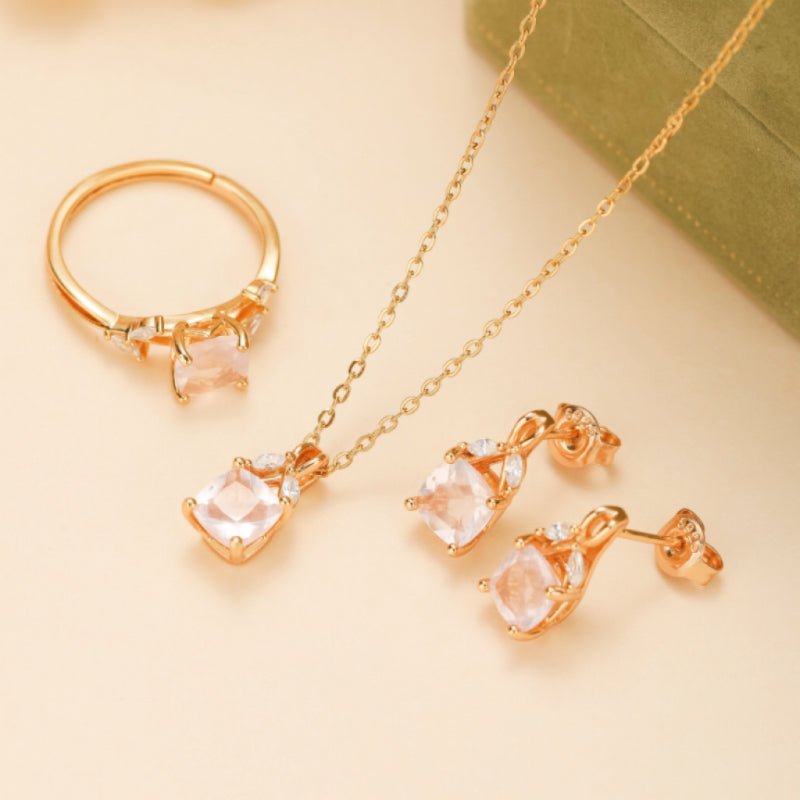Collier Quartz Rose Feuille Argent Plaqué Or Cadeau - Biloria