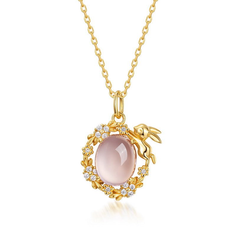 Collier Quartz Rose Lapin Argent Plaqué Or 40-45 cm - Biloria