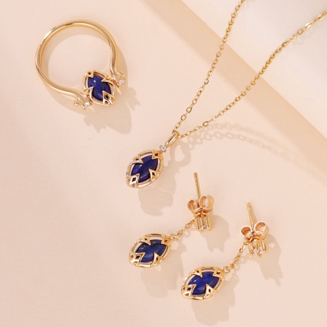 Collier Reversible Lapis Lazuli Quartz Clair Argent Plaque Or - Biloria
