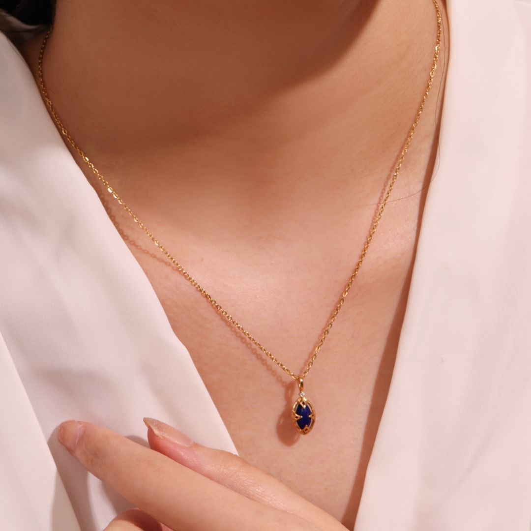 Collier Reversible Lapis Lazuli Quartz Clair Argent Plaque Or - Biloria