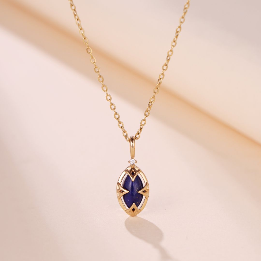 Collier Reversible Lapis Lazuli Quartz Clair Argent Plaque Or - Biloria