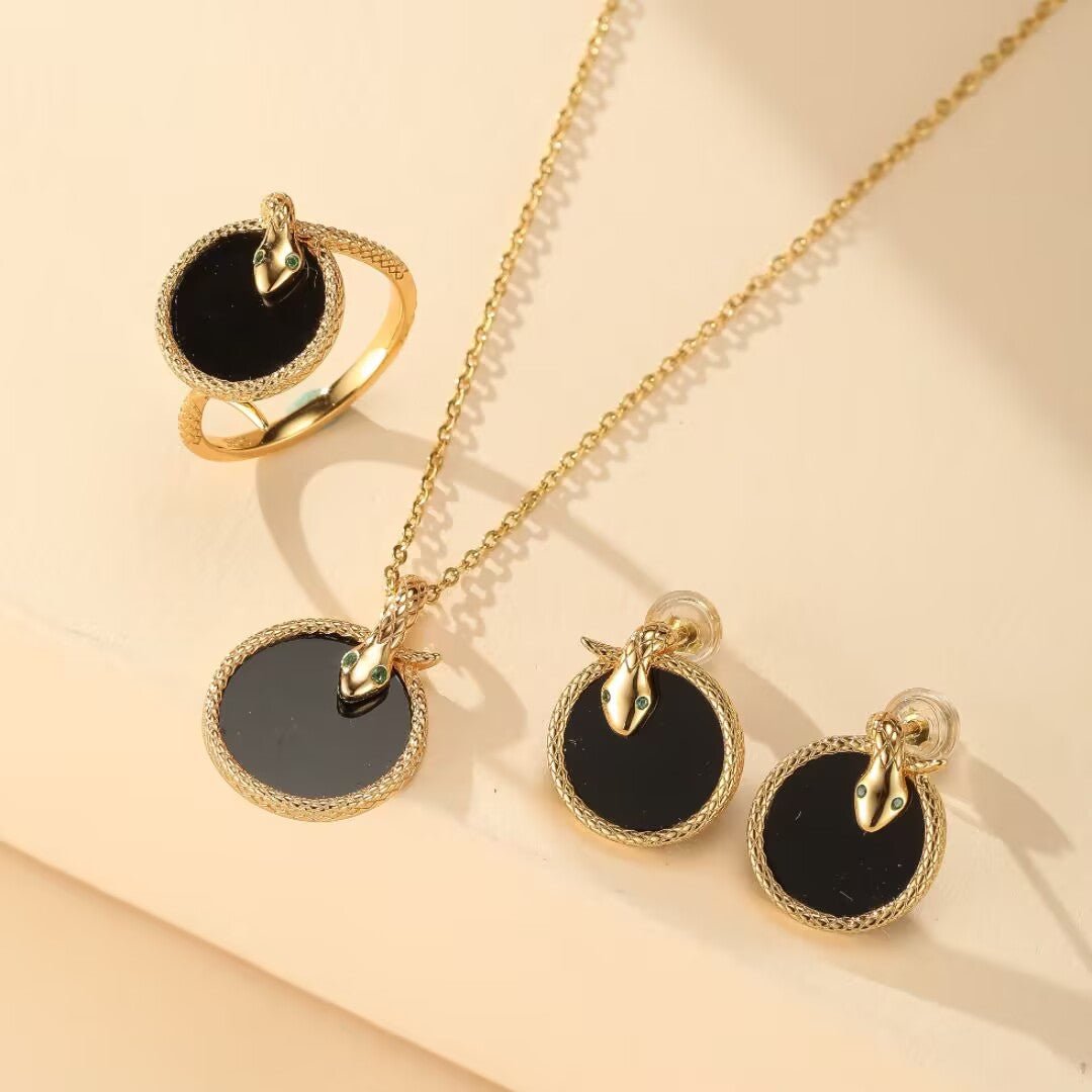 Collier Serpent Onyx Zircon Argent Plaqué Or - Biloria