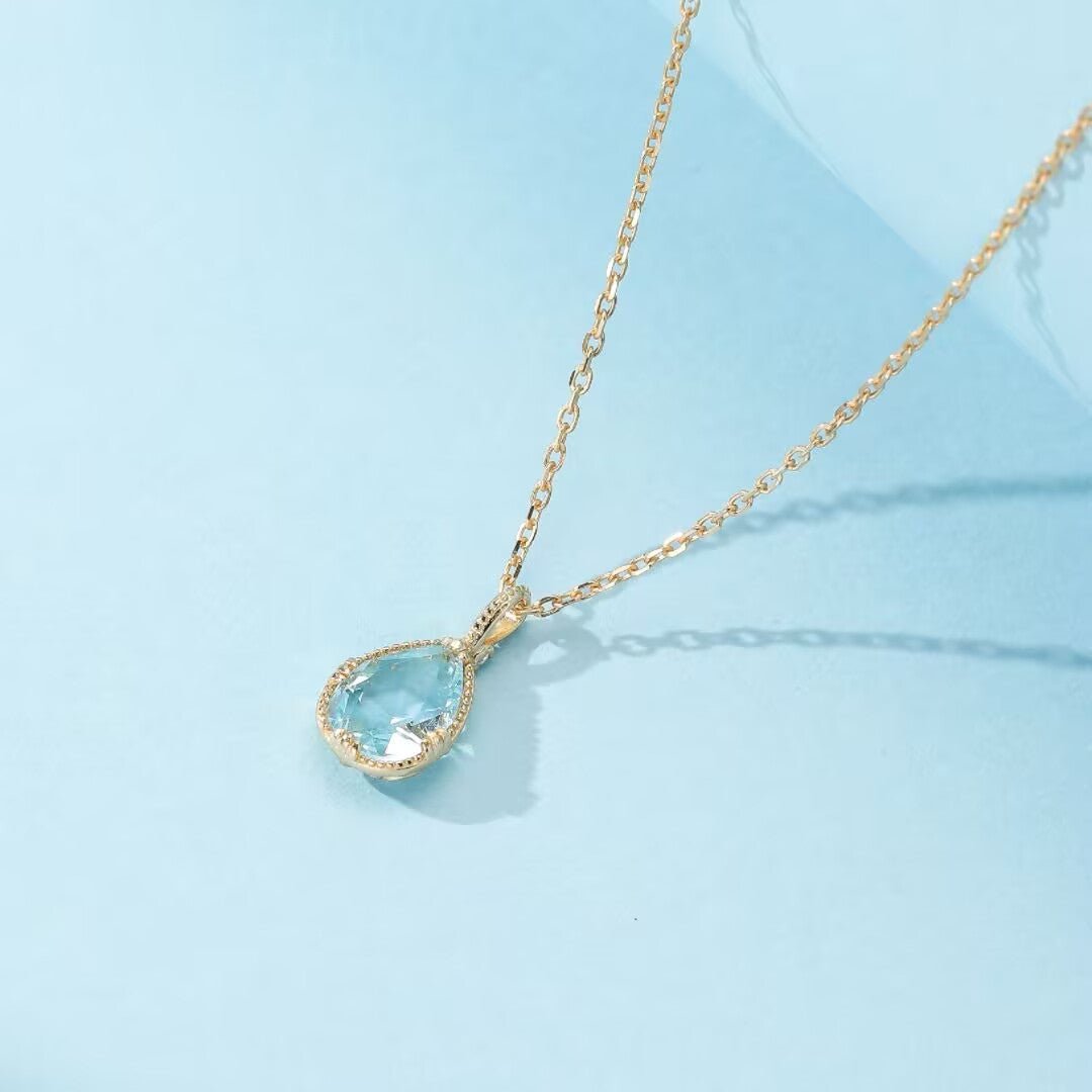 Collier Topaze Bleue Goutte, Argent 925 Plaqué Or 14K - Biloria
