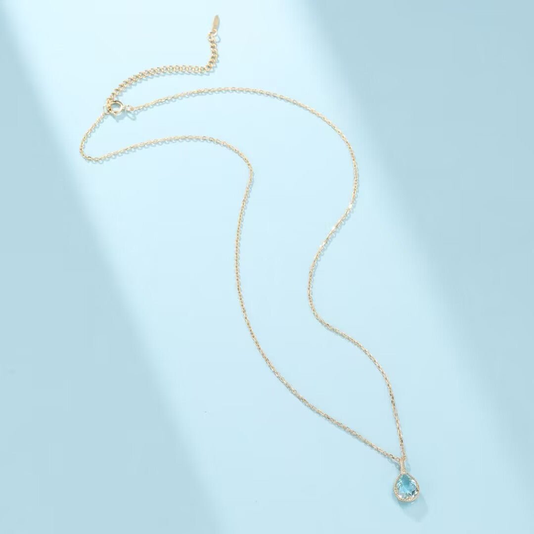 Collier Topaze Bleue Goutte, Argent 925 Plaqué Or 14K - Biloria