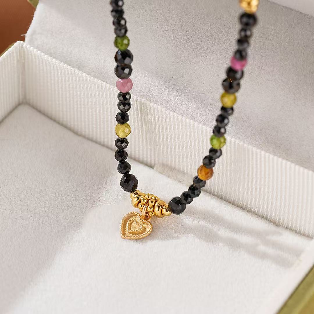 Collier Tourmaline Spinelle Noire Cœur Argent Plaqué Or - Biloria