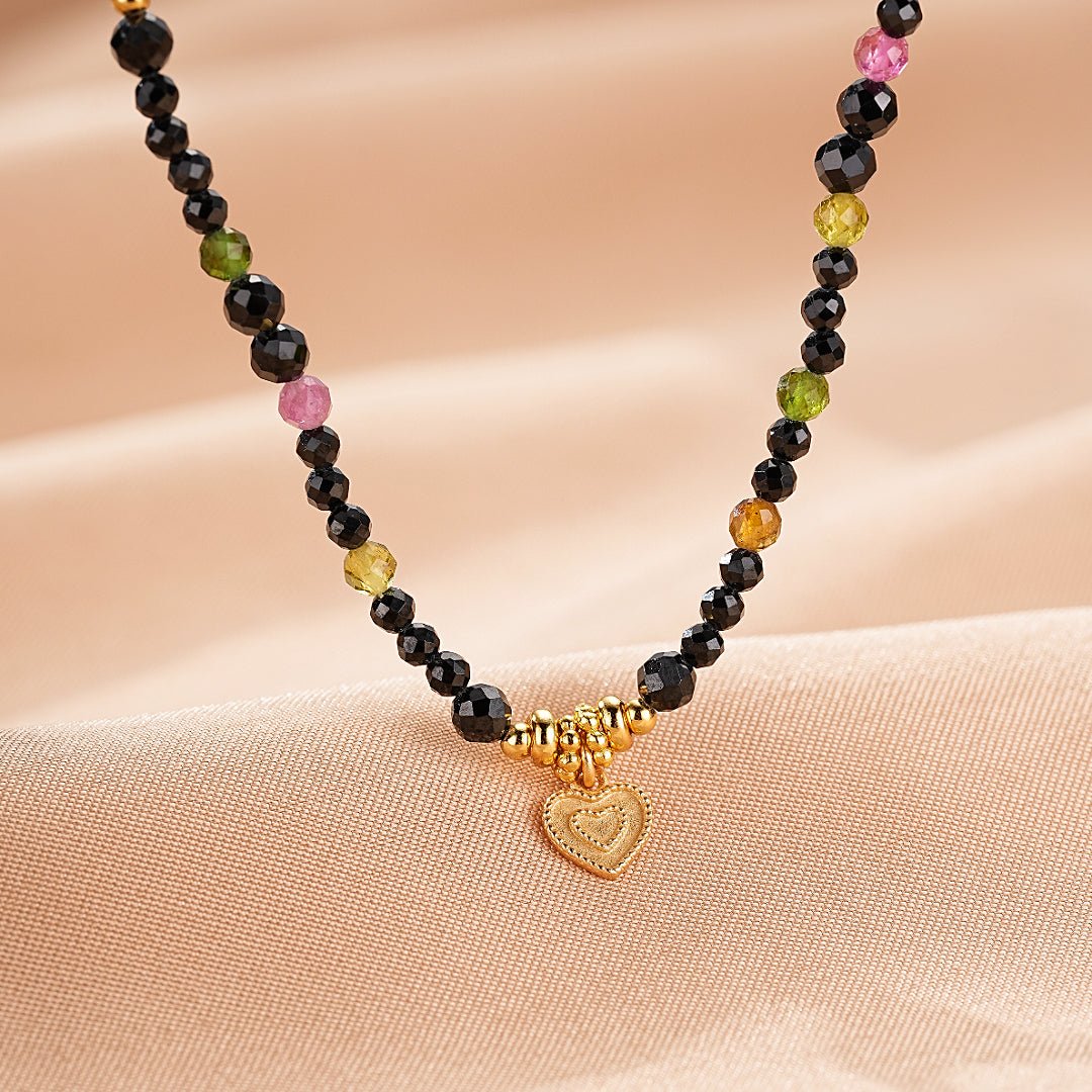 Collier Tourmaline Spinelle Noire Cœur Argent Plaqué Or - Biloria