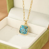 Collier Turquoise Carré Cyan Argent Plaqué Or Feng Shui - Biloria