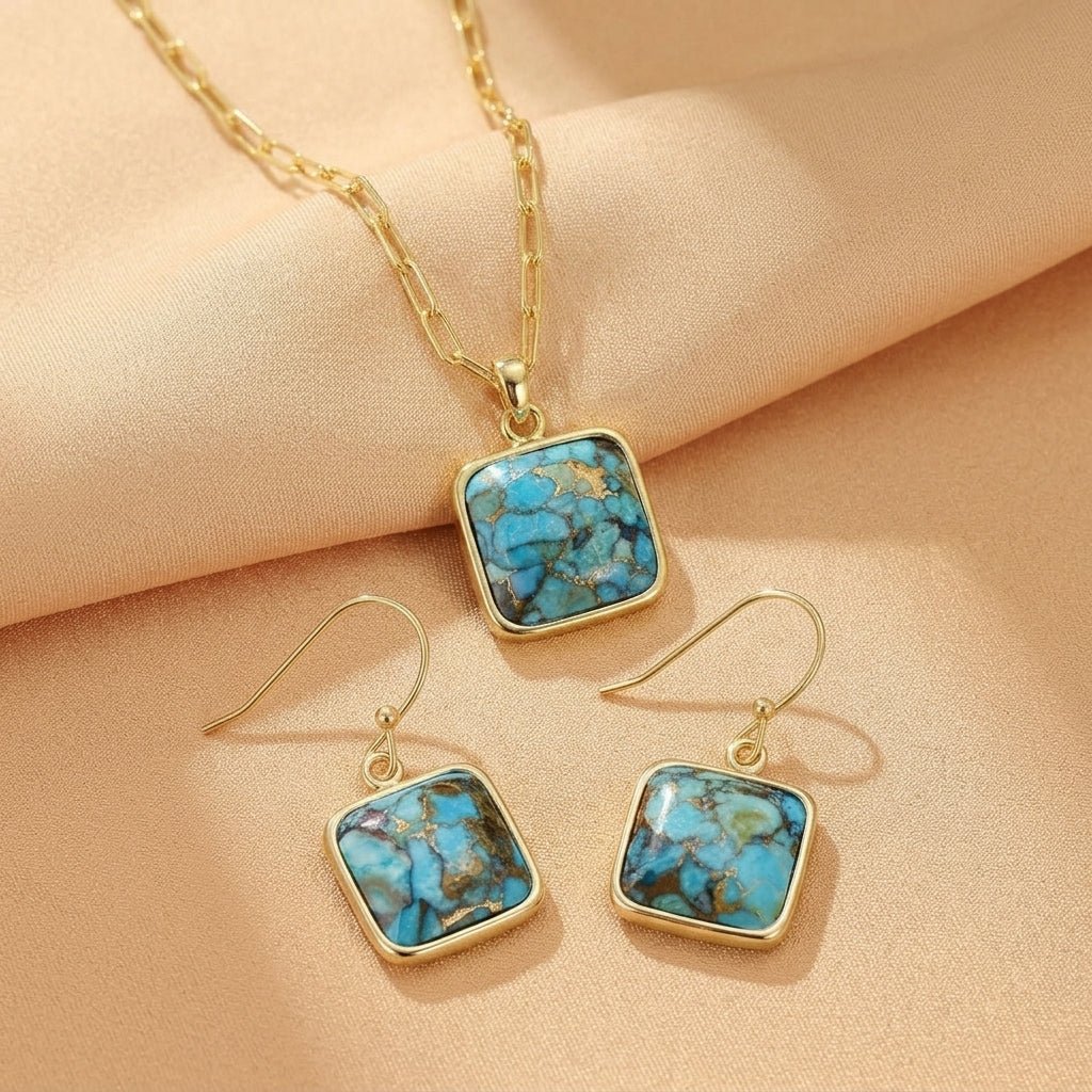 Collier Turquoise Carré Cyan Argent Plaqué Or Feng Shui - Biloria