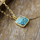 Collier Turquoise Carré Cyan Argent Plaqué Or Feng Shui - Biloria