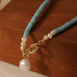 Collier Turquoise et Perle d'Eau Douce - Argent Plaqué Or 43 cm - Biloria