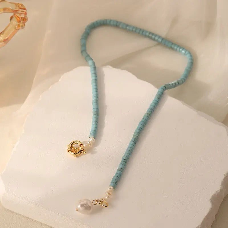 Collier Turquoise et Perle d'Eau Douce - Argent Plaqué Or 43 cm - Biloria