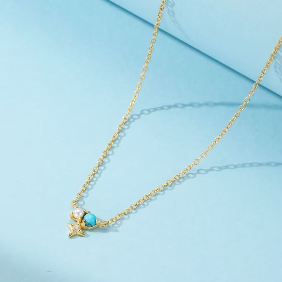 Collier Turquoise Perle Zircon Argent Plaqué Or - Biloria