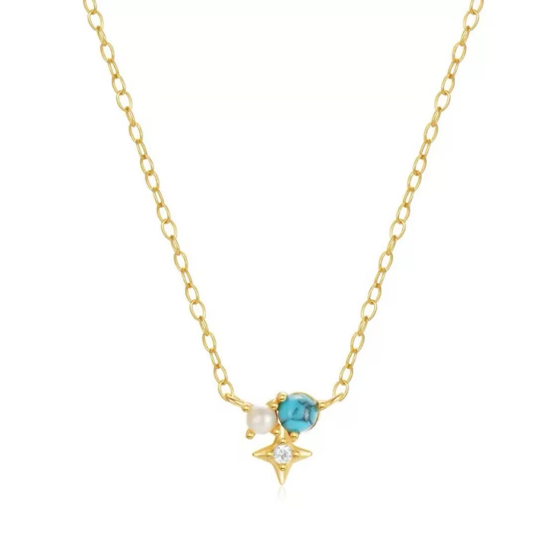 Collier Turquoise Perle Zircon Argent Plaqué Or - Biloria