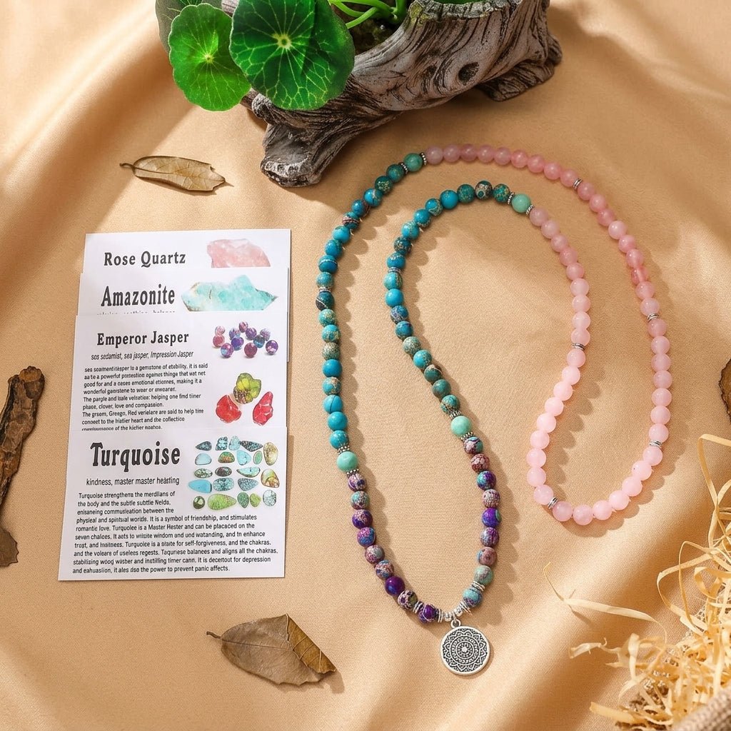 Mâlâ 108 Pierres Naturelles - Rosé pour Méditation et Bijou - Biloria
