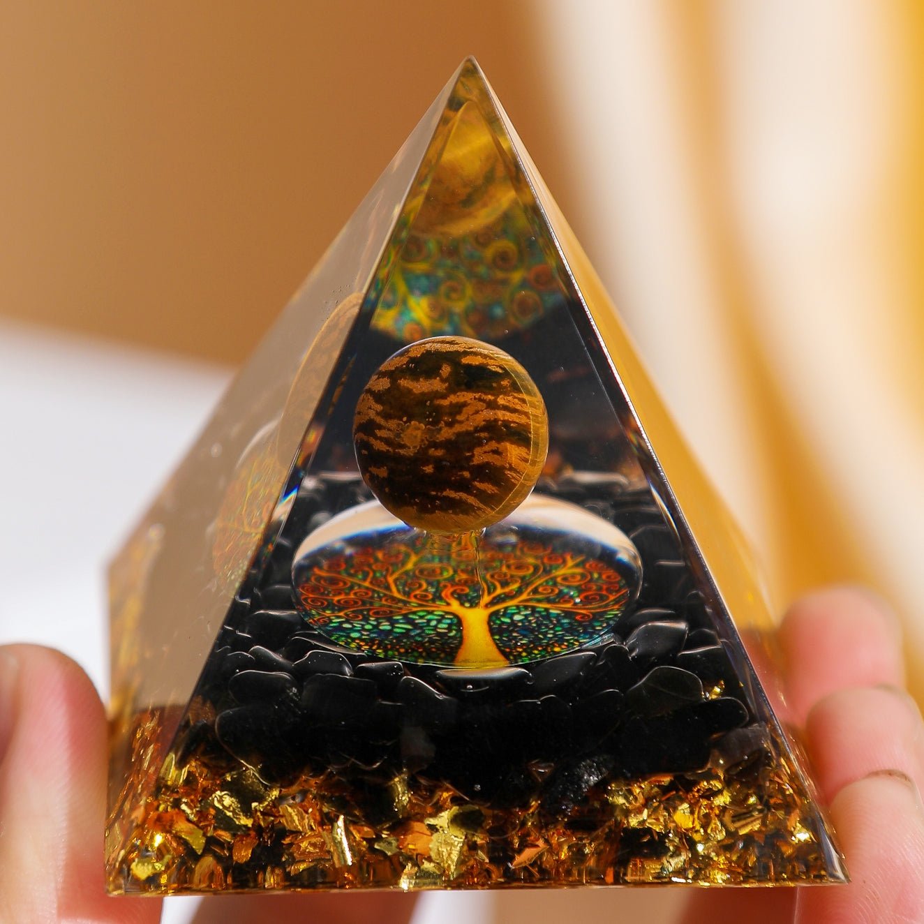 Pyramide Orgonite Arbre de Vie Œil de Tigre Obsidienne Protection - Biloria